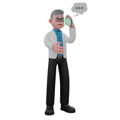Physicist Character 3D. A male physicist stands with his left hand holding a cellphone and extending his right hand forward.  Illustrated Male Cosmologist