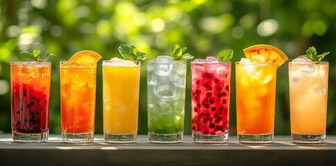 A row of seven colorful refreshing summer drinks with ice and fruit garnishes in tall glasses.