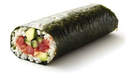 A fusion sushi burrito, wrapped with seaweed and filled with rice, avocado, and spicy tuna.


