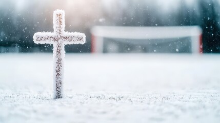 A Christmas cross and holiday-themed goalposts on a soccer field covered in snow.