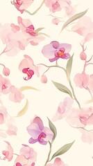 Elegant Watercolor Floral Pattern with Pink Orchids and Green Leaves on a Soft Cream Background