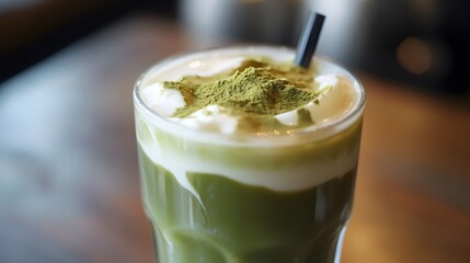 A glass of iced matcha latte, with layers of green matcha and creamy milk.