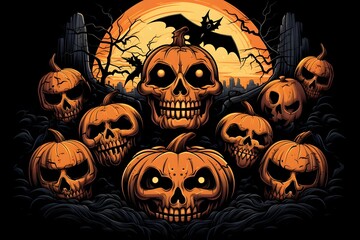Spooky Halloween Scene with Jack-O'-Lantern, Full Moon, Generative AI
