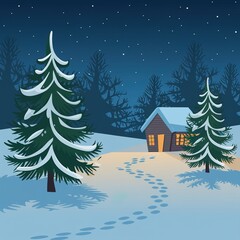 Cozy winter cabin illustration glowing warmly in a dark snowy forest with footprints leading through the pines under a magical starry night sky.