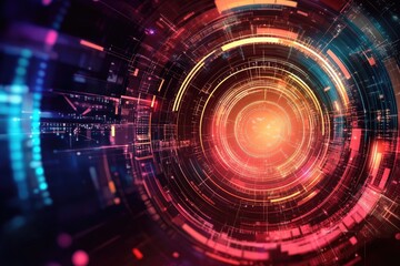 Obraz premium Futuristic abstract circular design with vibrant colors and glowing light elements.