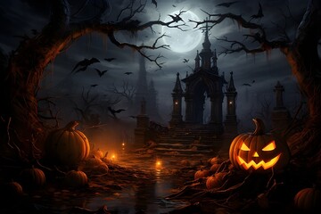Spooky halloween background with pumpkin and bats, Generative AI