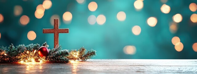 A Christmas cross and holiday decorations displayed in a company???s training room.