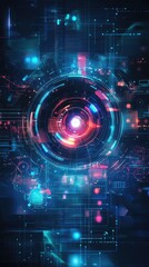 Futuristic abstract technology background with neon lights and digital elements.