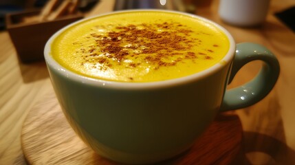 A golden turmeric latte, served with a sprinkle of cinnamon on top.


