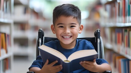 Smiling young student in a wheelchair deeply engaged in a library book promoting diversity inclusion and equal opportunities in the educational setting  Digital tone with an analogous color scheme