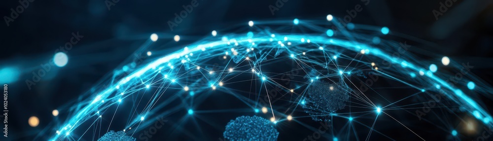 Poster abstract representation of a global company network, with glowing digital connections linking across