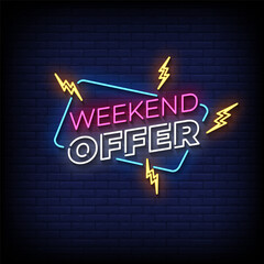 weekend offer neon sign vector with brick wall background 
