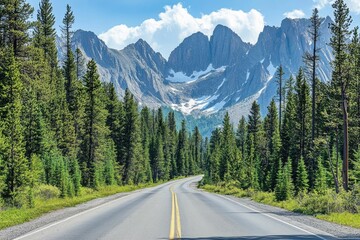 Road with pine trees and mountains in the background, nature&rsquo;s grandeur