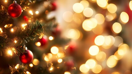 Cozy holiday atmosphere with blurred warm bokeh lights in golden tones and festive decorations