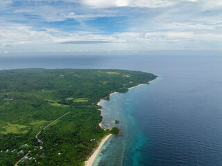 Aerial view of white sandy beach in Carabao Island. San Jose, Romblon. Philippines.
