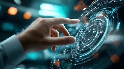 Futuristic Holographic Interface with Hands Interacting with Virtual Data Representing Advanced Technology Innovation and Cutting Edge Immersive Experience for Imagery in Tech and Innovation Fields