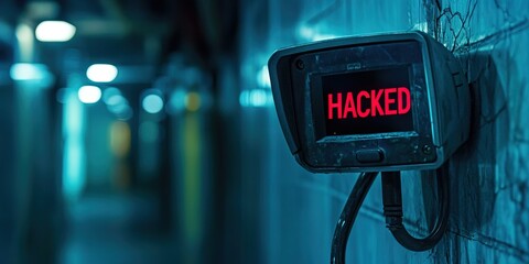 security camera with "HACKED" on screen