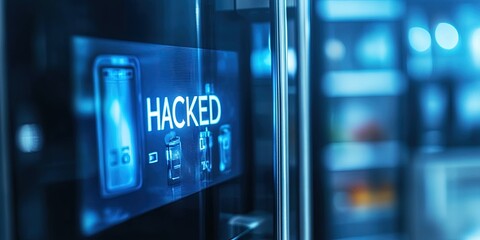 smart fridge with "HACKED" on screen