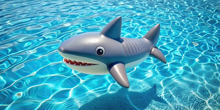 Inflatable cute shark pool toy floating in a pool silhouette
