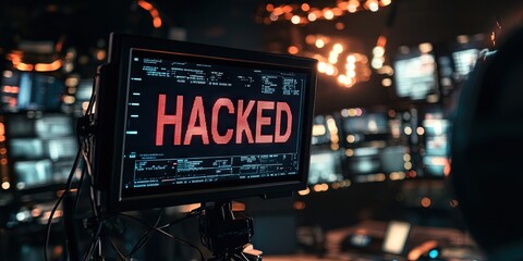  Tv broadcast studio with "HACKED" on screen -