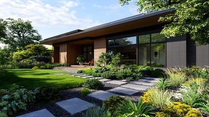 Fototapeta premium Sustainable Solar Powered Home with Lush Organic Garden and Eco Conscious Design Showcasing Renewable Energy and Green Lifestyle for Eco Friendly Living