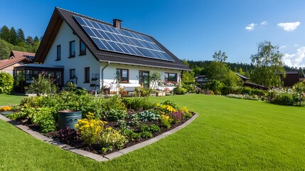 Eco Friendly Home with Solar Panels on the Roof and a Garden with Compost Bins Representing Sustainable Living for Imagery