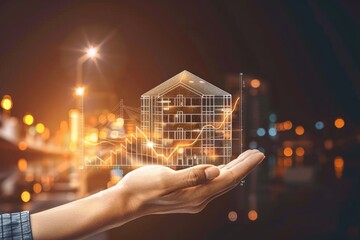 Real estate investment concept with hand holding building hologram and rising graph