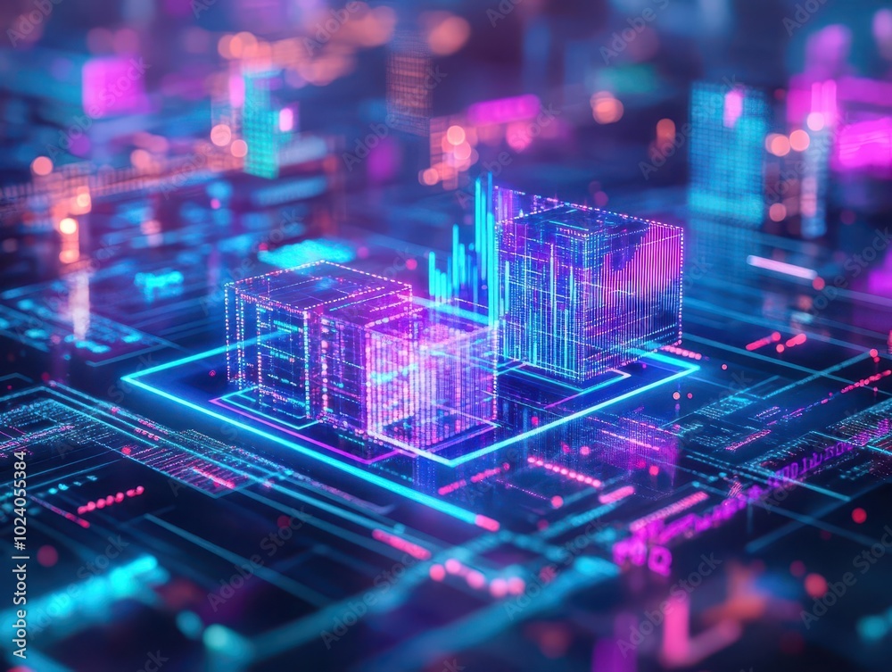 Aufkleber business executives analyzing holographic market trends with glowing charts and data streams, cyberp
