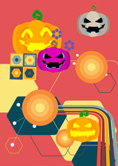 Obraz premium Retro 70s Background with Jack O' Lantern. Groovy Halloween pumpkin. 1970s art template. Minimalistic Vintage design poster. Old-fashioned color artwork.