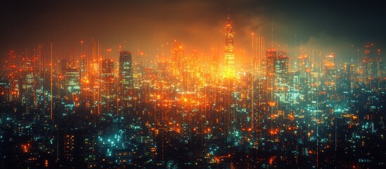 Obraz premium Blurry aerial view of a city at night with glowing lights and skyscrapers.