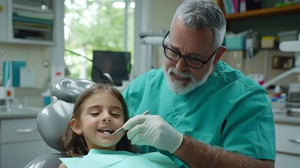 Fototapeta premium Professional male dentist examining and providing dental care to a young girl patient in the dentist s chair promoting the importance of pediatric oral hygiene and preventative dental treatments