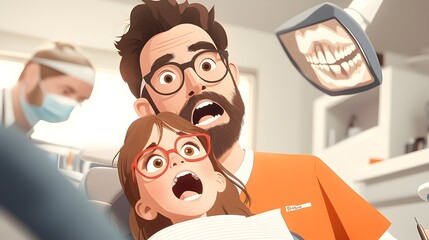 Professional male dentist examining a young girl patient in the dentist s chair promoting pediatric dental care and oral health hygiene  Digital tone with an analogous color scheme