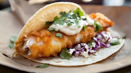 A taco stuffed with crispy fish, topped with cabbage slaw, lime crema, and fresh cilantro.


