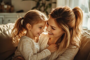 Naklejka premium High-resolution brightly lit photorealistic candid photograph of a mother and daughter sharing a joyful moment in a cozy, sun-drenched living room. The photo has a light and cheerful vibe, styled