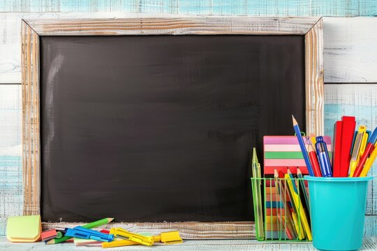 Blackboard with back to school message and stationery, ample copy space for educational content - Powered by Adobe