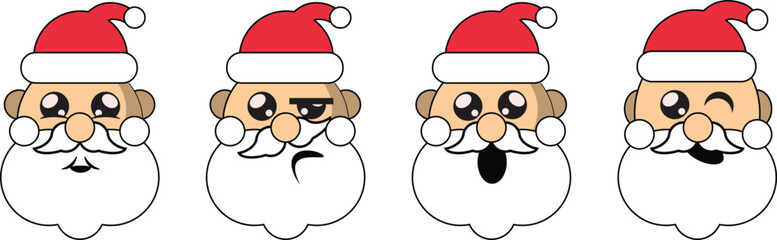 Set of Santa Claus face characters with different emotions isolated on white background. Christmas holiday vector illustration in flat cartoon style
