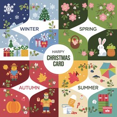 Abstract vector illustration of the four seasonal cycles, featuring winter holidays, spring flowers, summer vacation, and autumn harvest symbols.