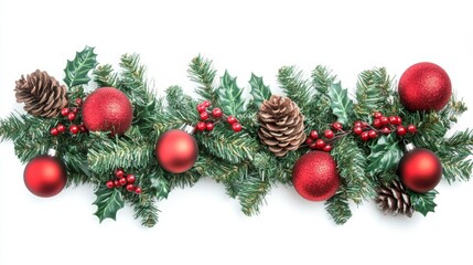 Green Christmas garland adorned with red baubles, pine cones, and holly berries set against a white background