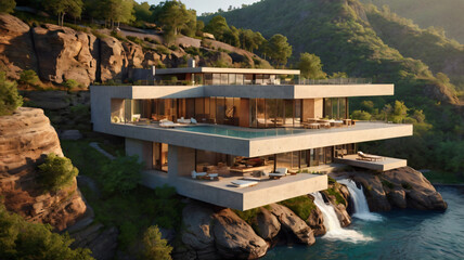 Naklejka premium modern house by a waterfall surrounded by mountain and wood