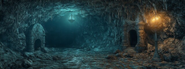 Mysterious and ancient underground cave with stone arches and glowing lanterns