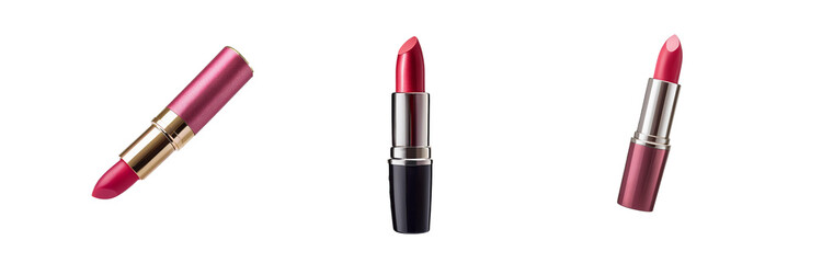 Obraz premium Three red lipstick tubes, one with a gold bottom, one with a black bottom and one with a silver bottom.