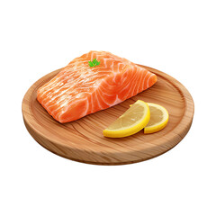 Salmon Fish with Lemon on Wooden Plate isolated on transparent background