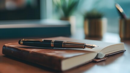Vintage leather journal and fountain pen lying open on a wooden desk symbolizing creative writing academic study or business research