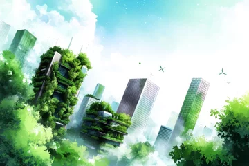 A soft watercolor painting of a futuristic green city, with pastel tones of skyscrapers intertwined with vertical gardens and renewable energy systems