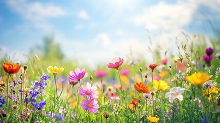 Spring background with wildflowers: A vibrant background filled with wildflowers in full bloom, 