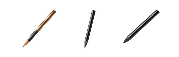 Three pencils, one gold, two black, isolated against a white background.