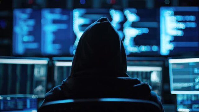 Anonymous Hacker in Dark Room with Multiple Computer Screens Displaying Code and Data