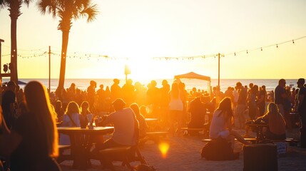 Sunset beach festival with sustainable practices, an eco-friendly event using renewable energy, 