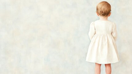 Fototapeta premium A charming little child in a white dress standing against a soft, pastel backdrop, evoking innocence and wonder.