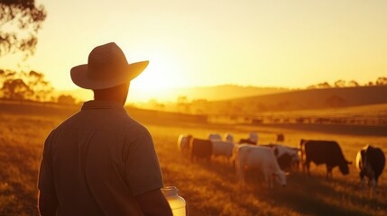 Silhouetted Farmer in Cowboy Hat Overseeing Cattle at Sunrise, Rural Farming Landscape, Peaceful Morning on the Ranch